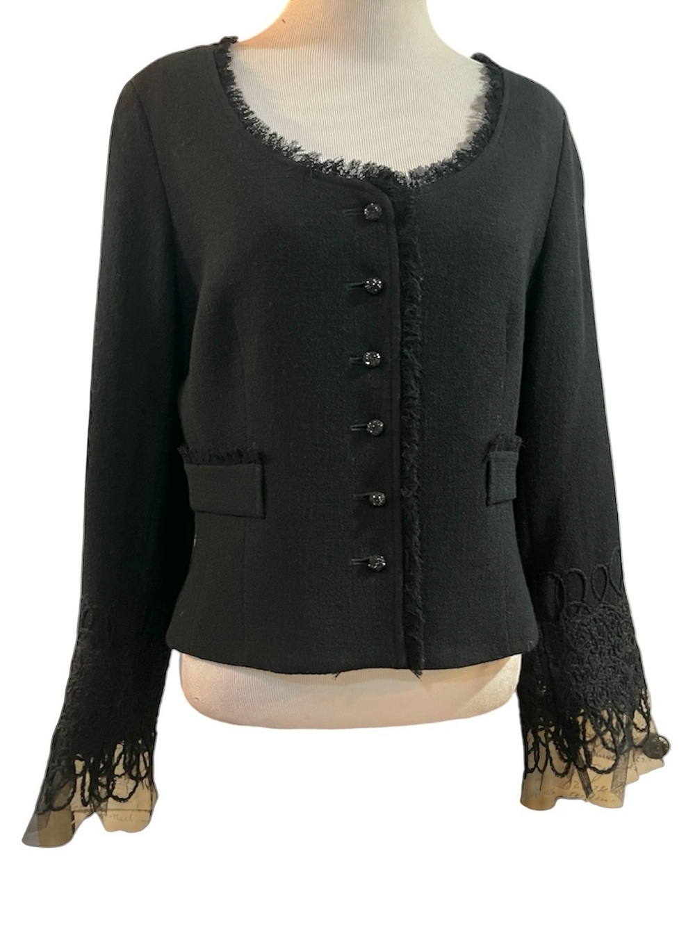 VINTAGE TERI JON BY RICKIE FREEMAN WOOL LACE FRINGED EVENING JACKET BLK SIZE 12